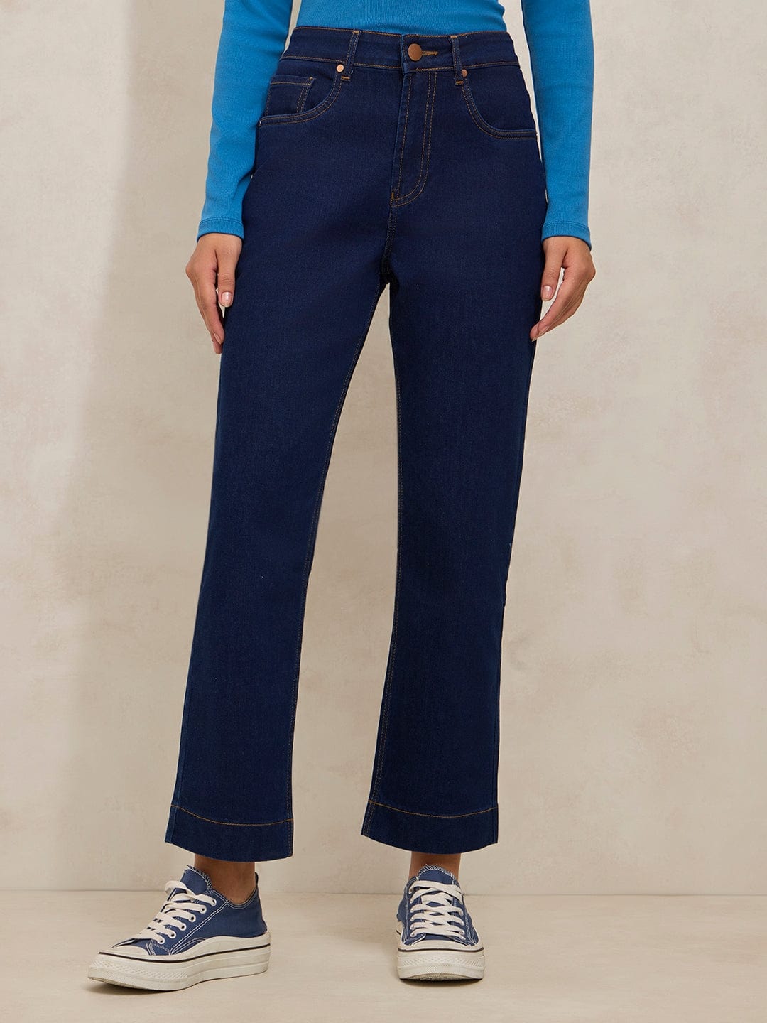 Women's Navy Blue Denim High Rise Straight Fit Cropped Jeans