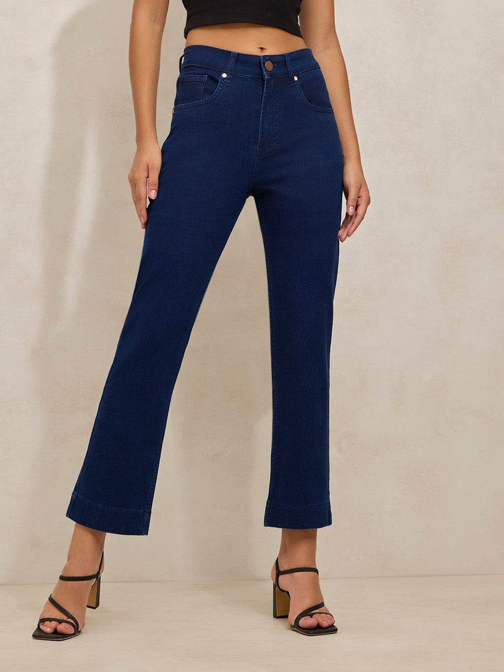 Women's Navy Blue Denim Mid Rise Slim Fit Cropped Jeans