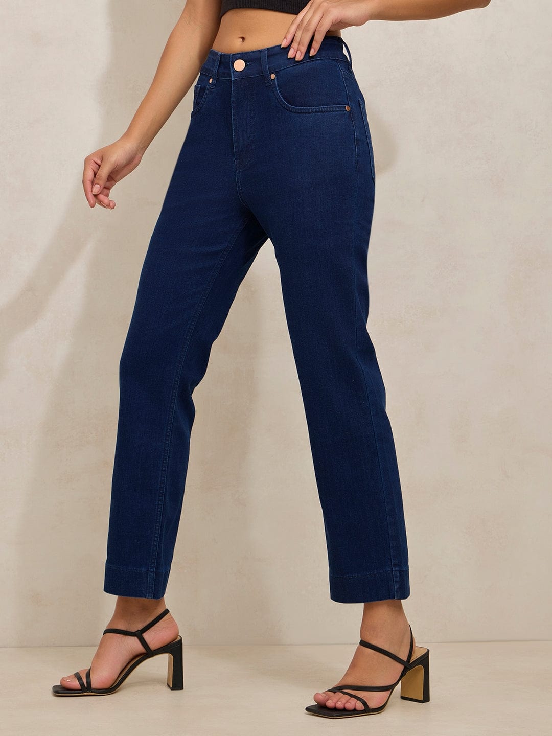 Women's Navy Blue Denim Mid Rise Slim Fit Cropped Jeans