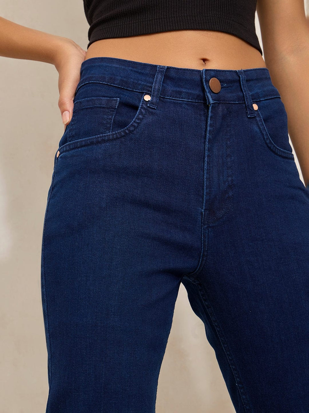 Women's Navy Blue Denim Mid Rise Slim Fit Cropped Jeans