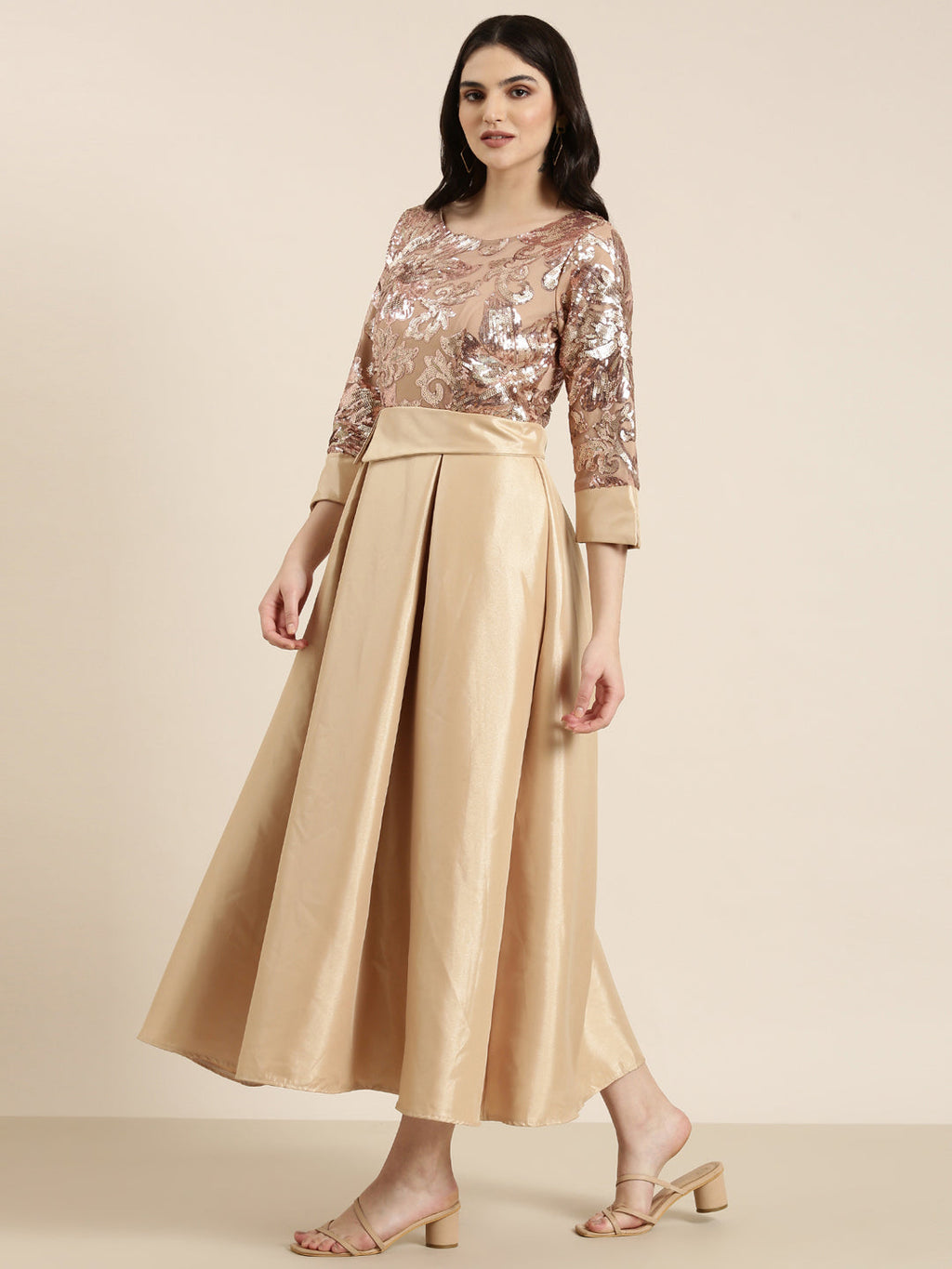 Women's Gold Embellished Fit & Flare Dress