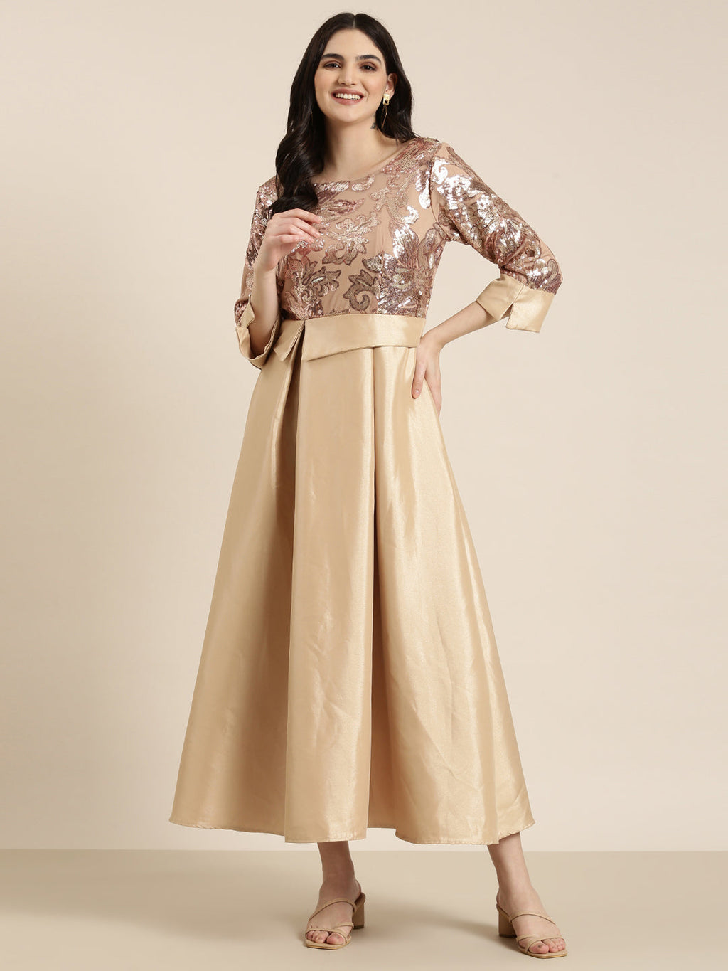 Women's Gold Embellished Fit & Flare Dress