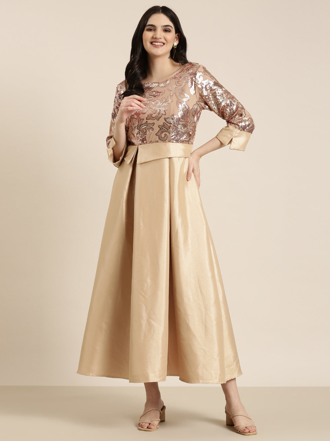 Women's Gold Embellished Fit & Flare Dress