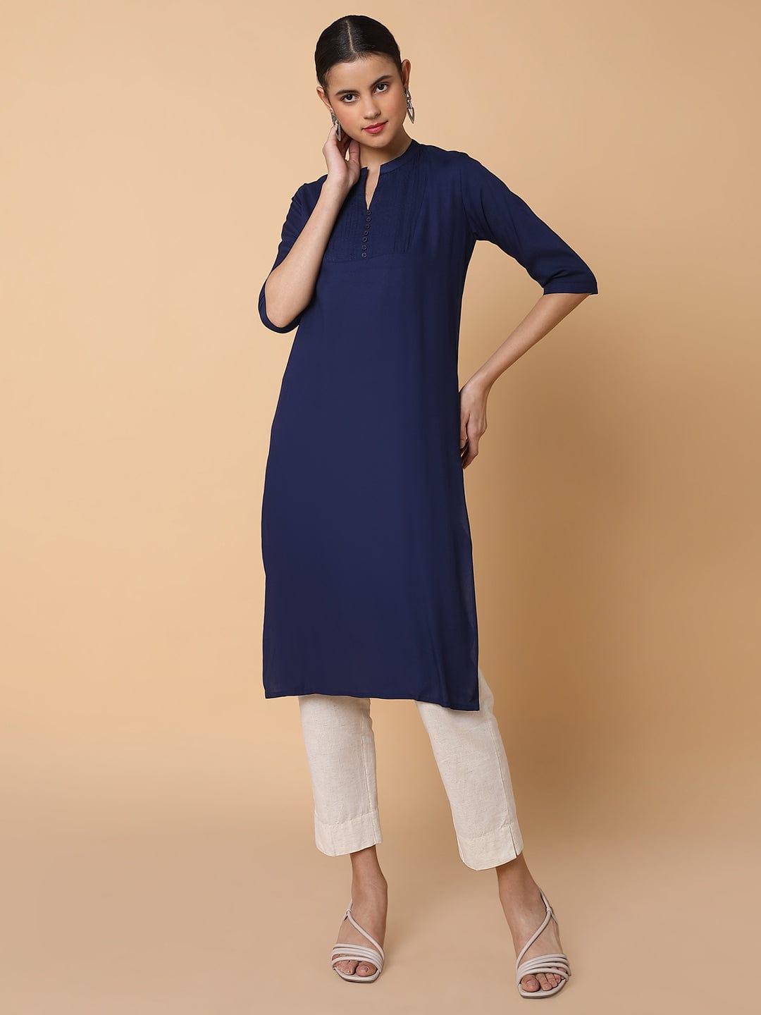 Women's Straight Navy Blue Solid Kurta