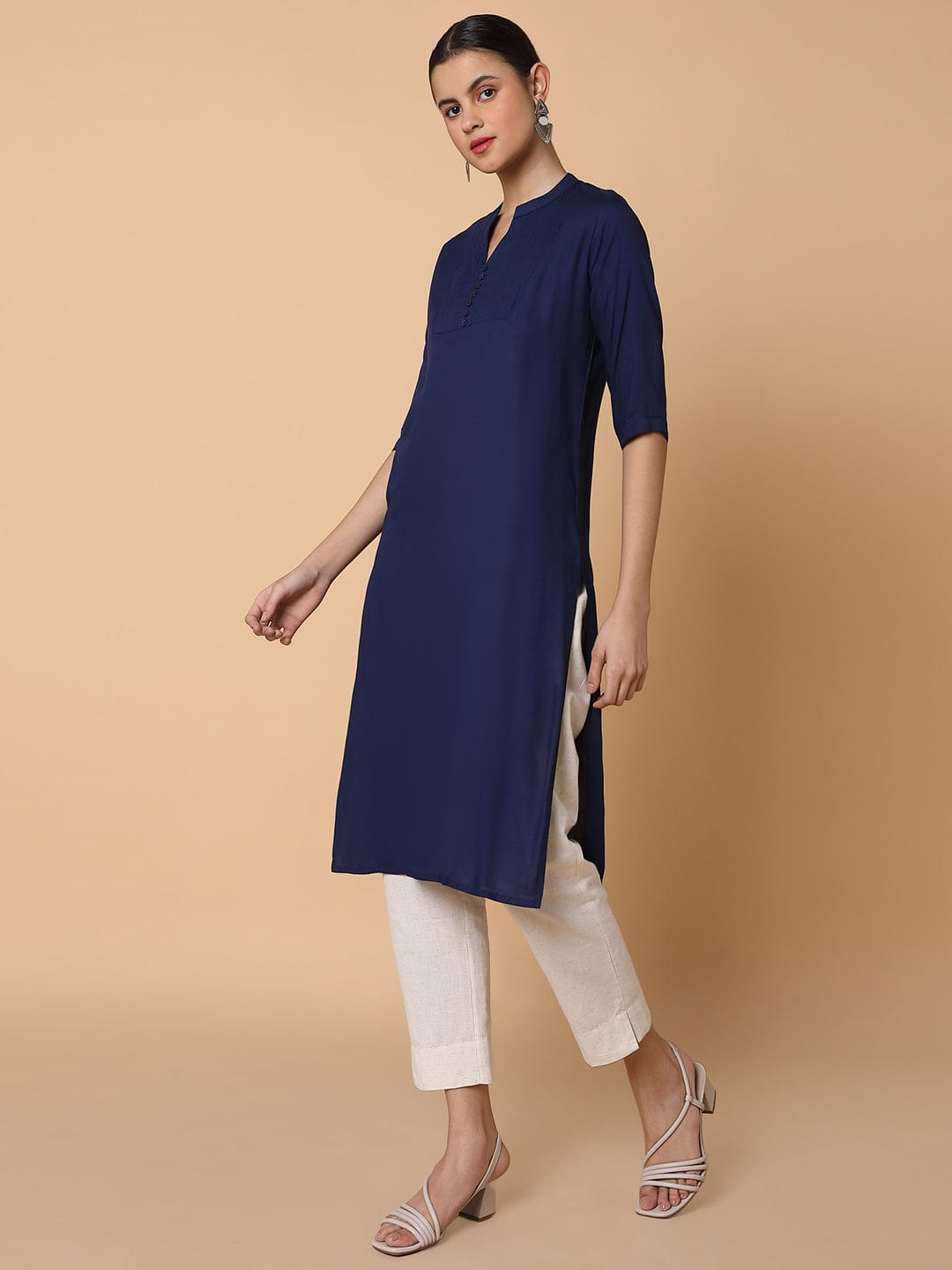 Women's Straight Navy Blue Solid Kurta
