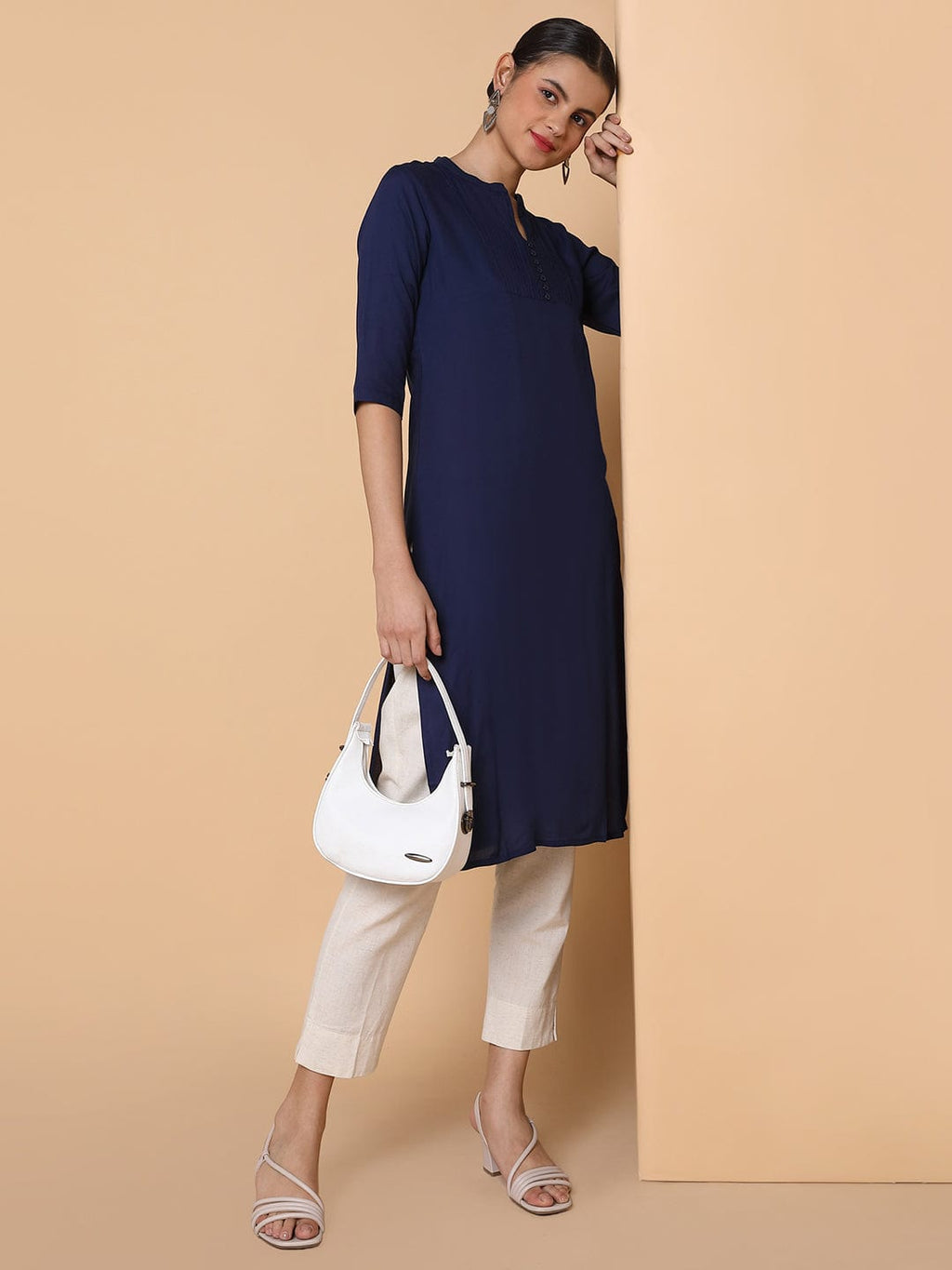 Women's Straight Navy Blue Solid Kurta