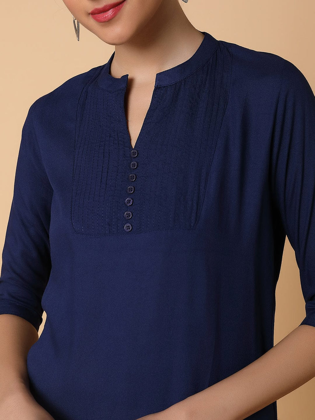 Women's Straight Navy Blue Solid Kurta