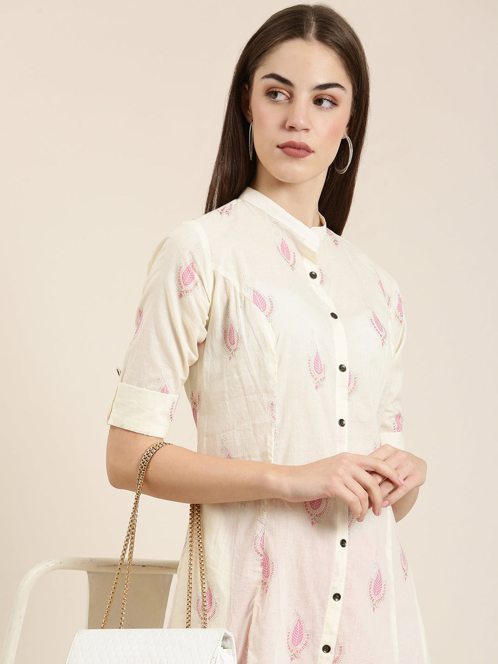 Women's Cream Floral Printed Roll-Up Sleeves A-Line Kurta