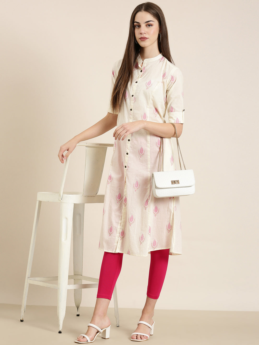 Women's Cream Floral Printed Roll-Up Sleeves A-Line Kurta