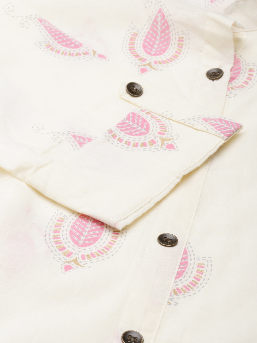 Women's Cream Floral Printed Roll-Up Sleeves A-Line Kurta