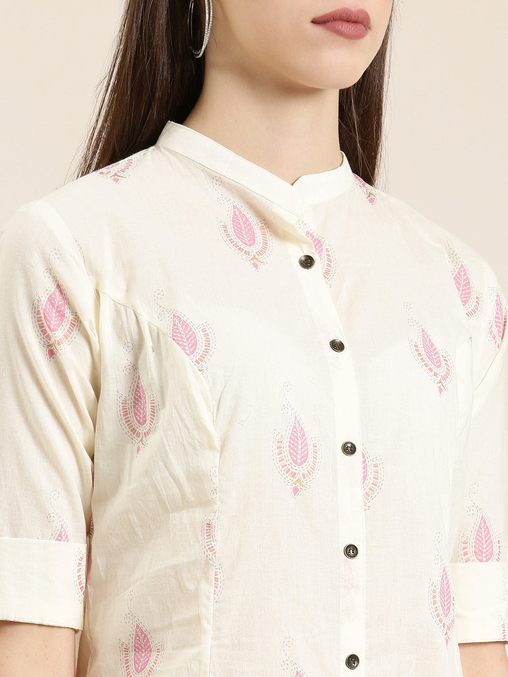Women's Cream Floral Printed Roll-Up Sleeves A-Line Kurta
