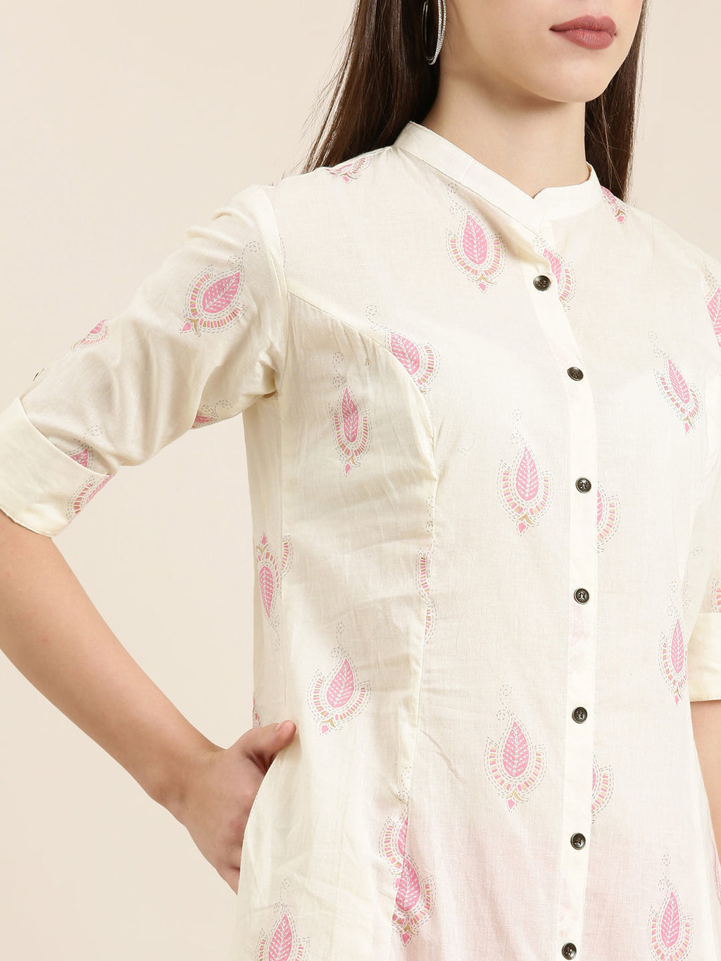 Women's Cream Floral Printed Roll-Up Sleeves A-Line Kurta