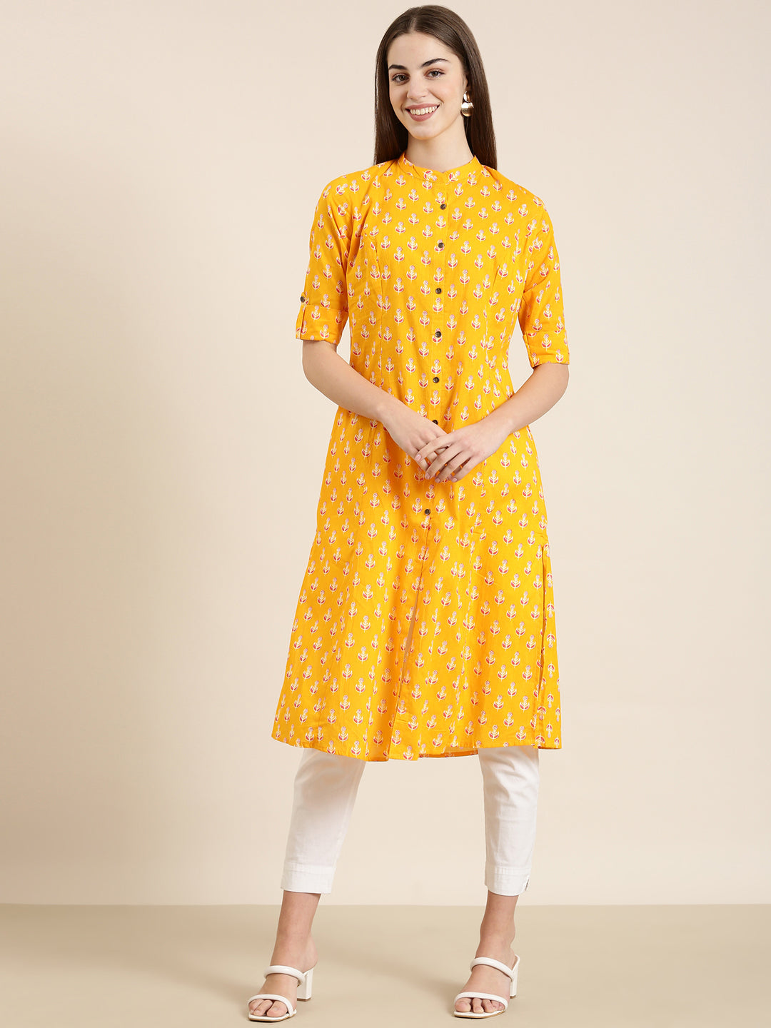 Women's Orange Floral Printed Mandarin Collar Roll Up Sleeves A-Line Kurta