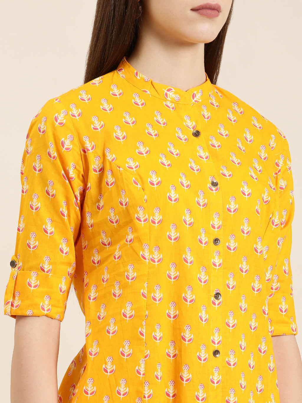 Women's Orange Floral Printed Mandarin Collar Roll Up Sleeves A-Line Kurta