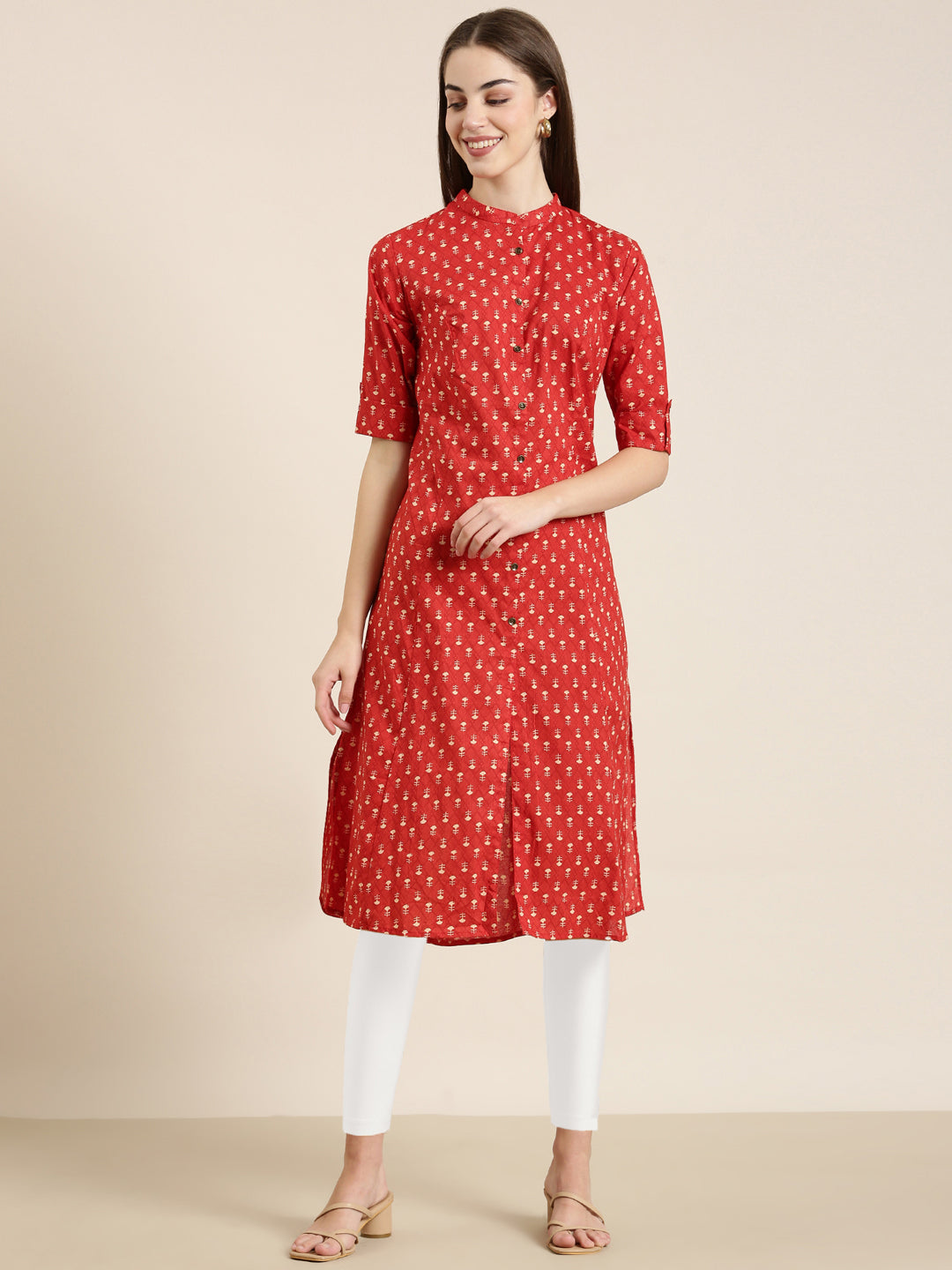 Women's Red Geometrical A-Line Kurta