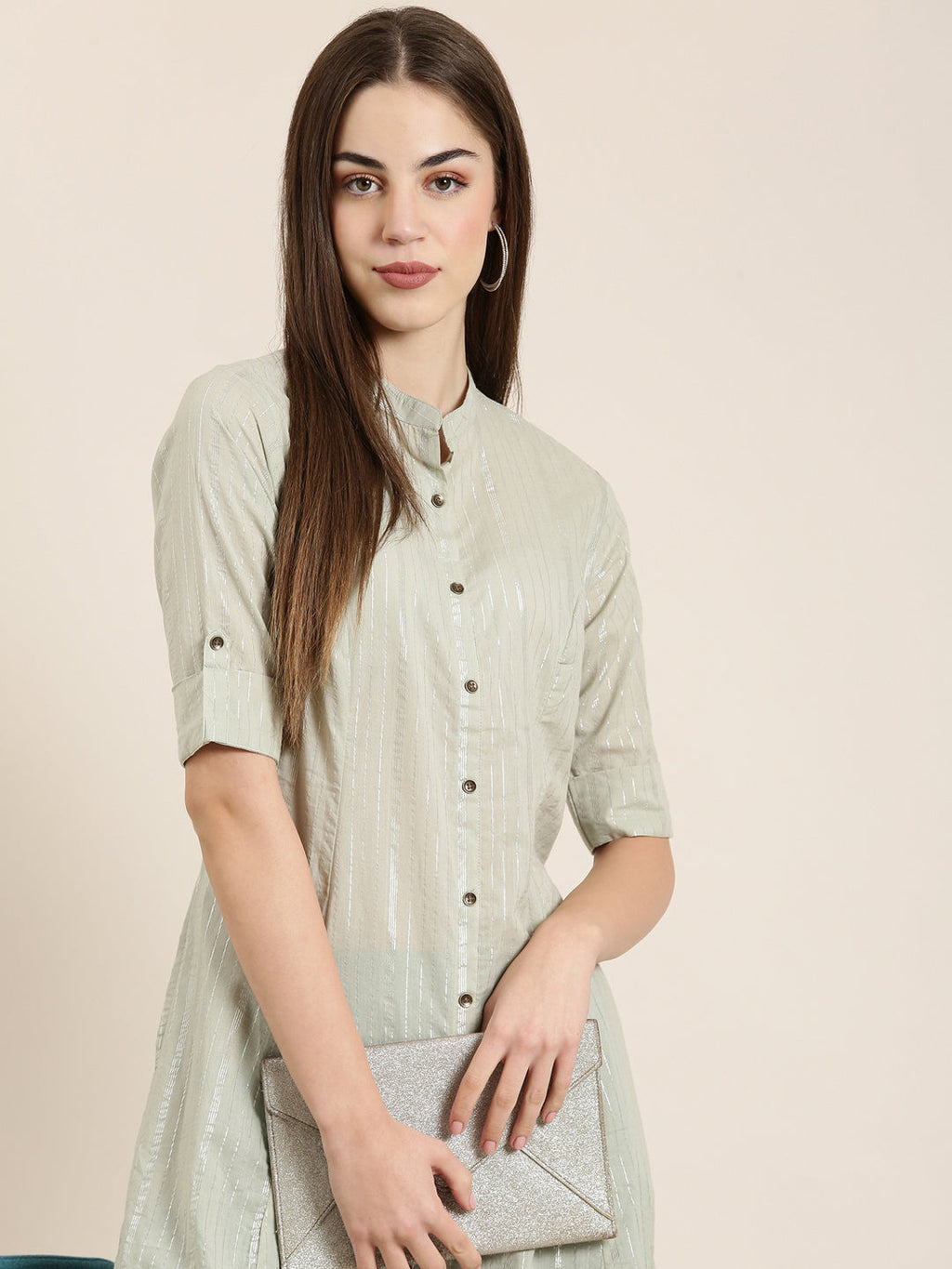 Women's Sea Green Striped Cotton Mandarin Collar A-Line Kurta