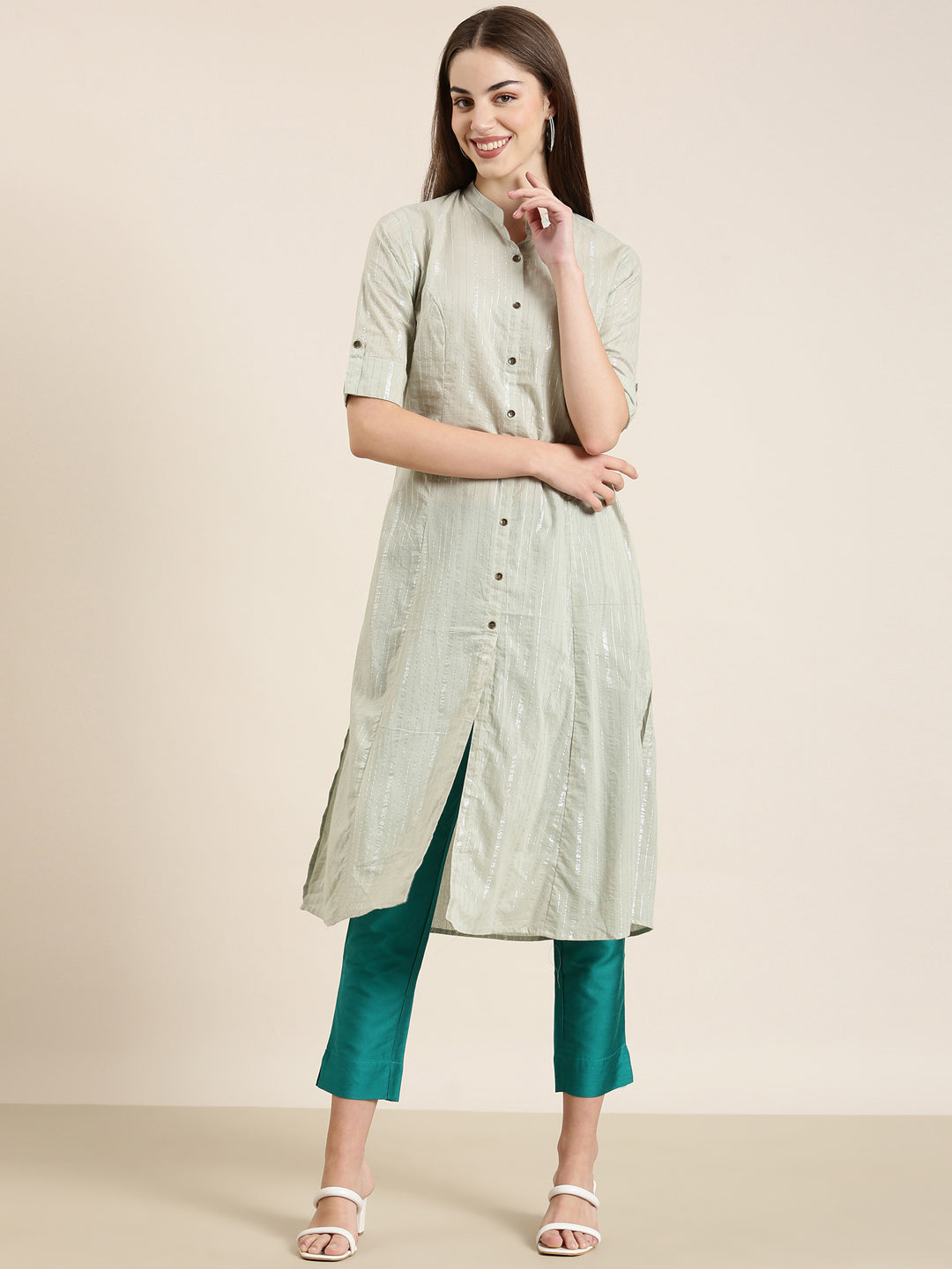 Women's Sea Green Striped Cotton Mandarin Collar A-Line Kurta