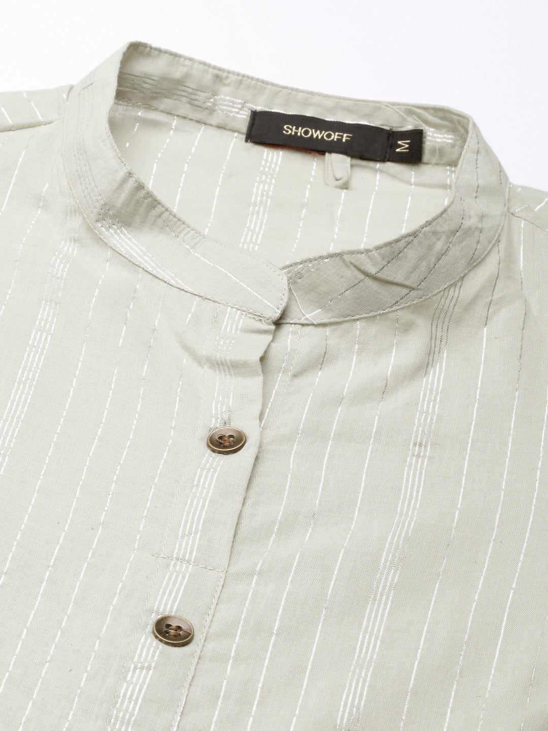 Women's Sea Green Striped Cotton Mandarin Collar A-Line Kurta