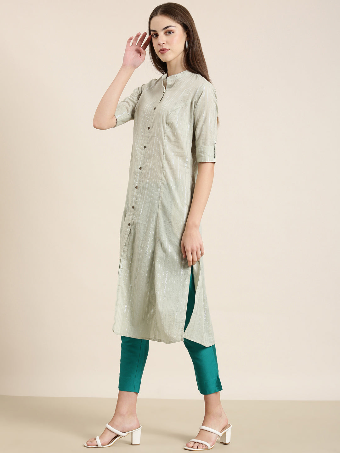 Women's Sea Green Striped Cotton Mandarin Collar A-Line Kurta