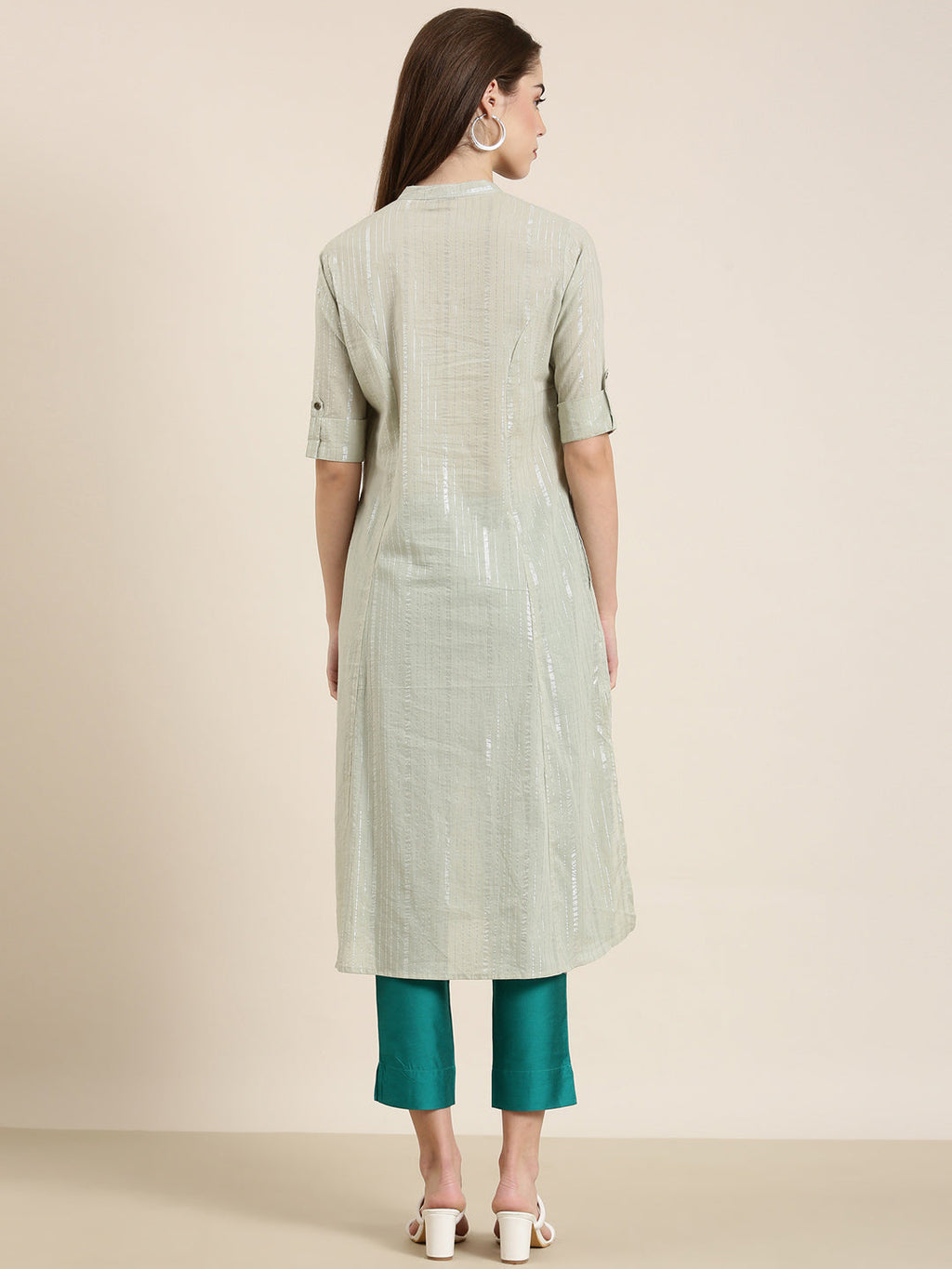 Women's Sea Green Striped Cotton Mandarin Collar A-Line Kurta