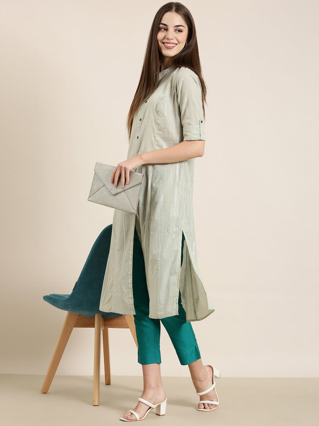 Women's Sea Green Striped Cotton Mandarin Collar A-Line Kurta