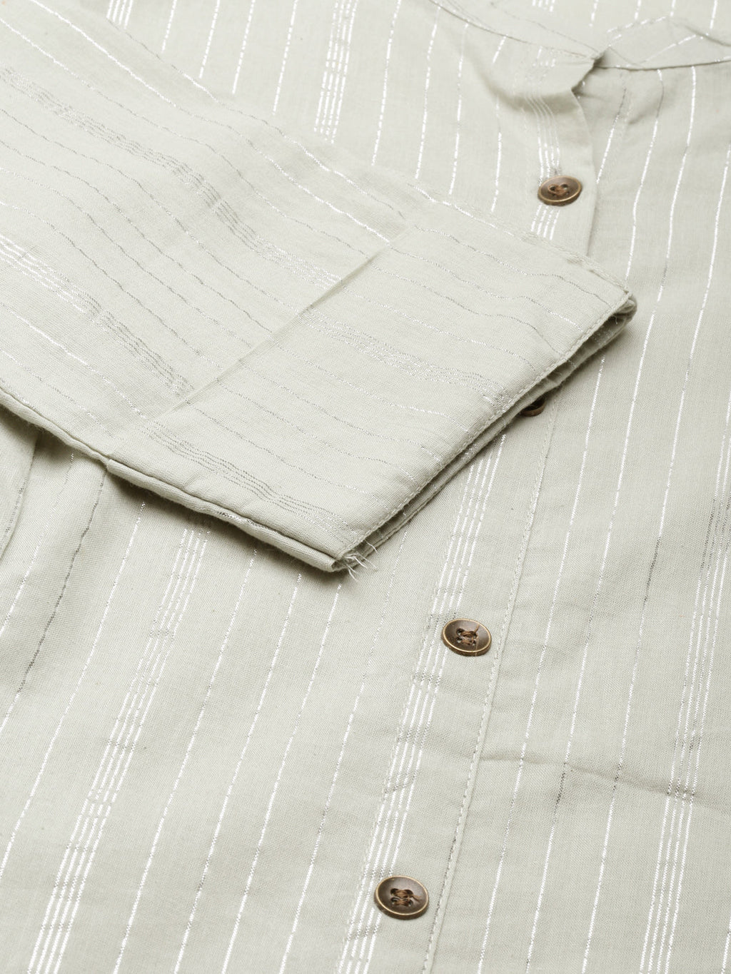 Women's Sea Green Striped Cotton Mandarin Collar A-Line Kurta