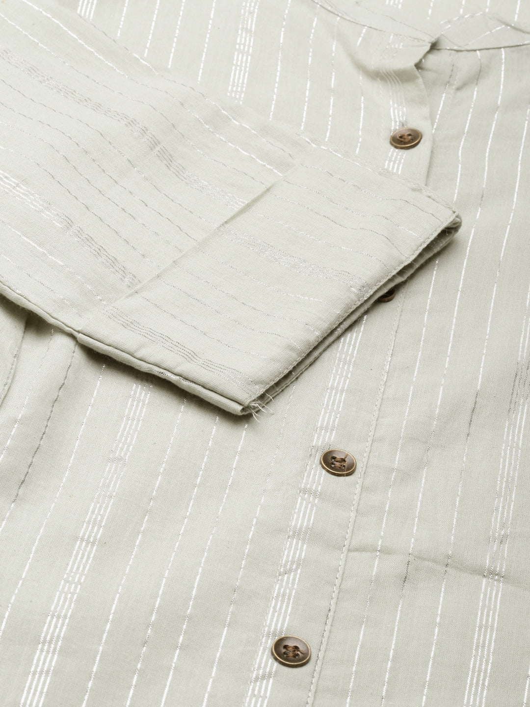 Women's Sea Green Striped Cotton Mandarin Collar A-Line Kurta