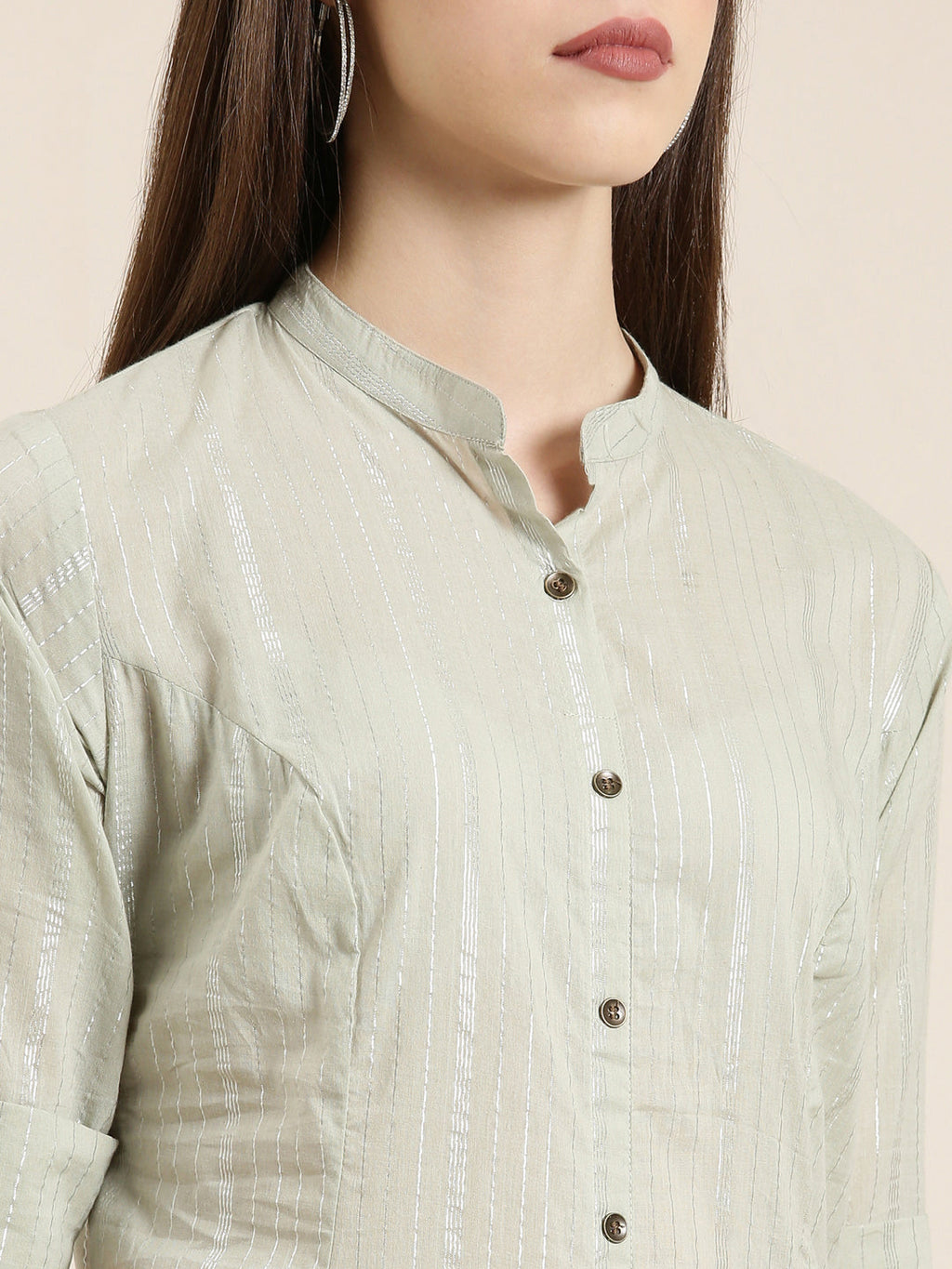 Women's Sea Green Striped Cotton Mandarin Collar A-Line Kurta