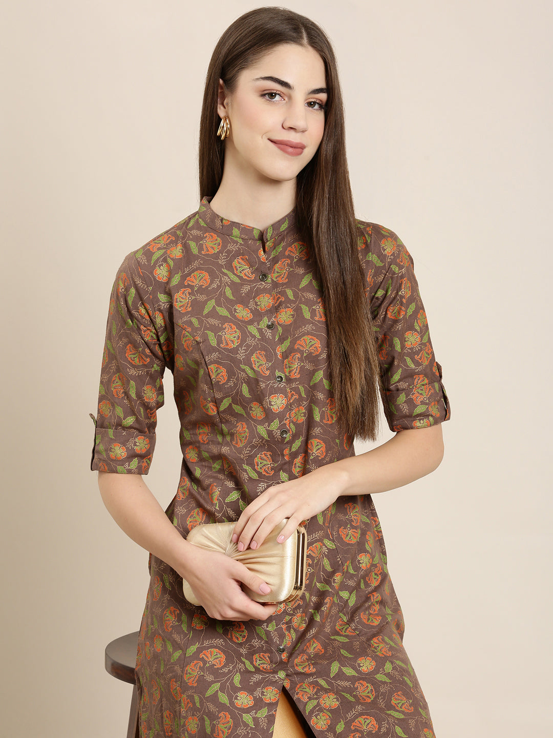 Women's Taupe Ethnic Motifs Printed A-Line Kurta