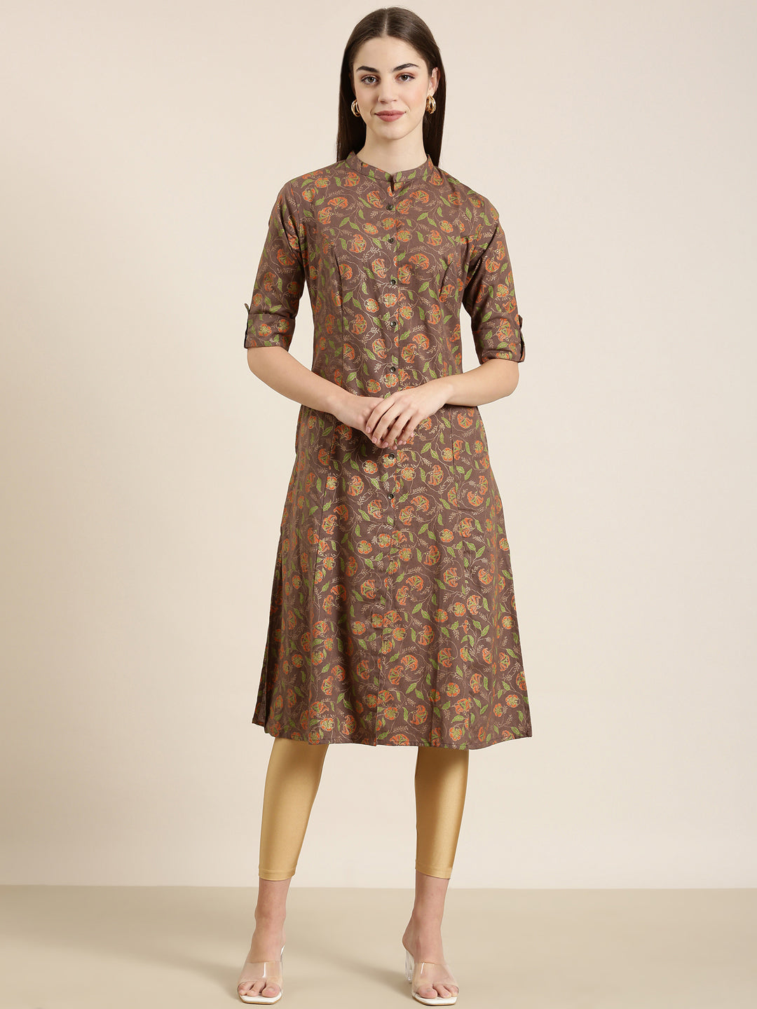 Women's Taupe Ethnic Motifs Printed A-Line Kurta