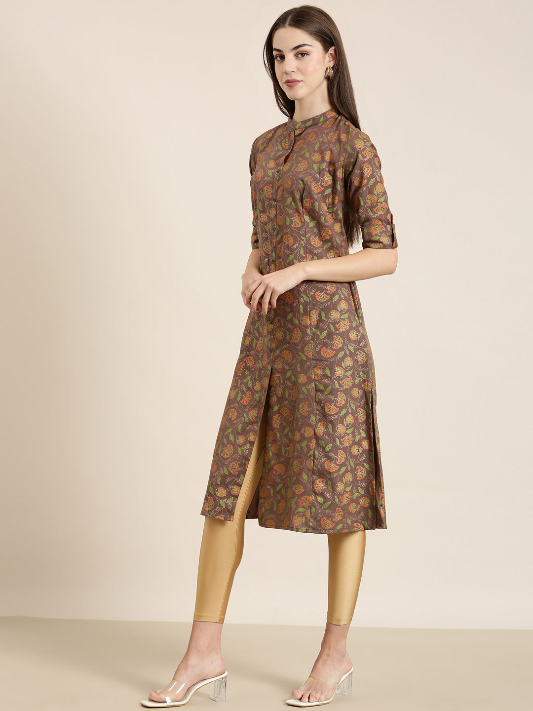 Women's Taupe Ethnic Motifs Printed A-Line Kurta