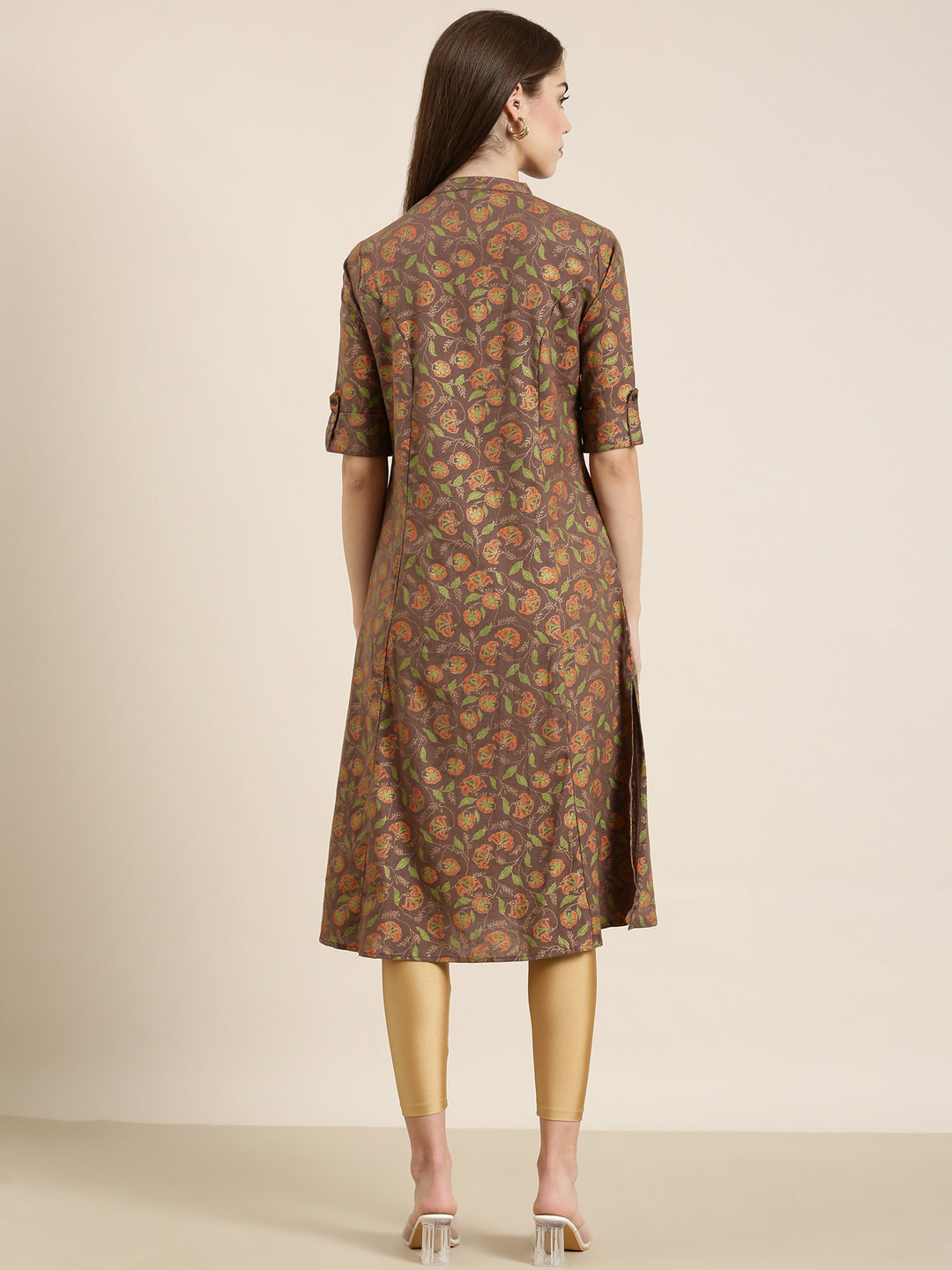 Women's Taupe Ethnic Motifs Printed A-Line Kurta