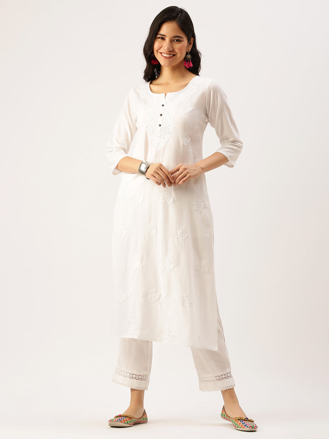 Women's White Embroidered Straight Kurtas