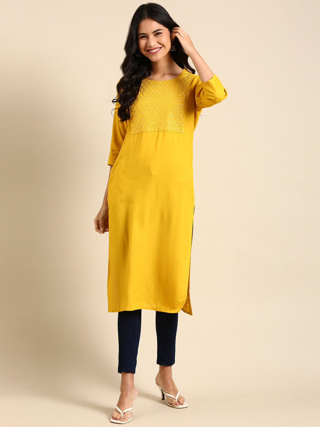 Women's Yellow Sequinned Straight Regular Kurta