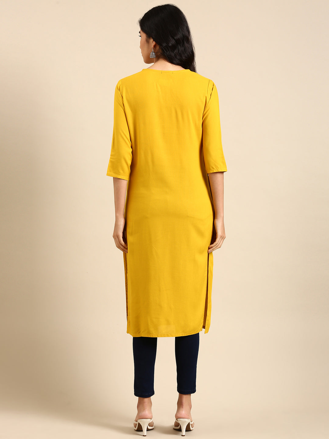 Women's Yellow Sequinned Straight Regular Kurta