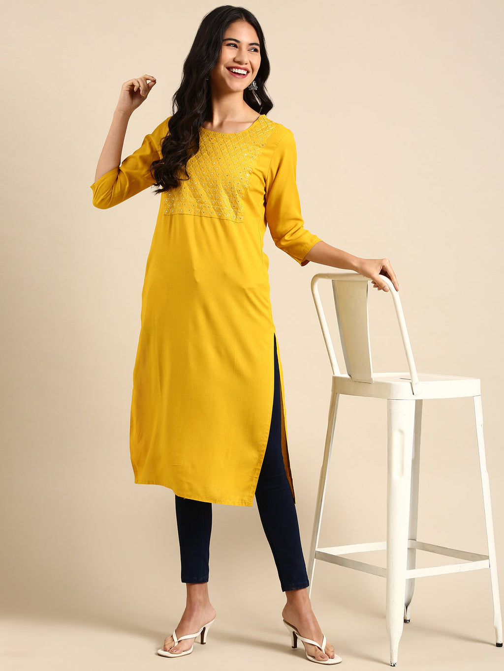 Women's Yellow Sequinned Straight Regular Kurta