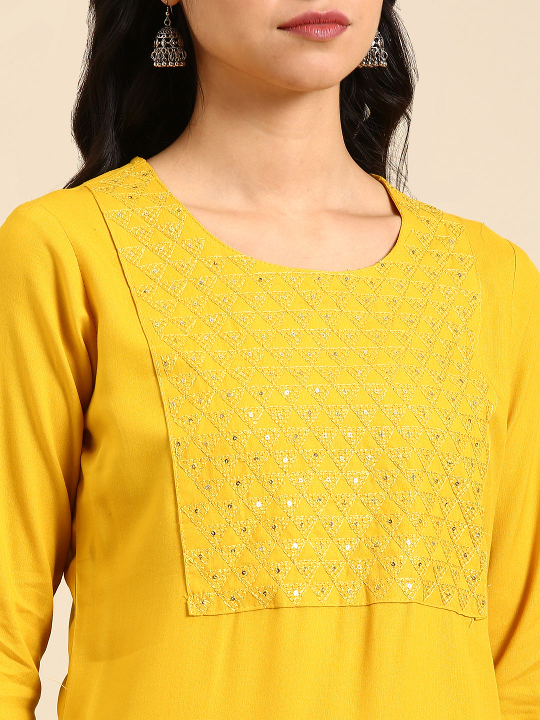 Women's Yellow Sequinned Straight Regular Kurta