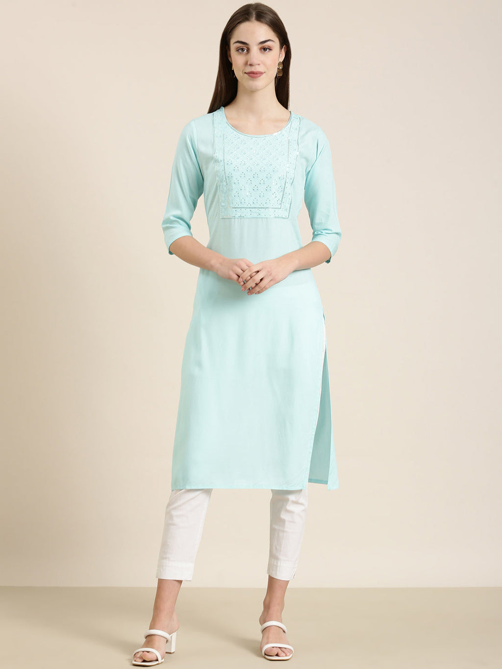 Women's Blue Ethnic Motifs Embellished Kurta