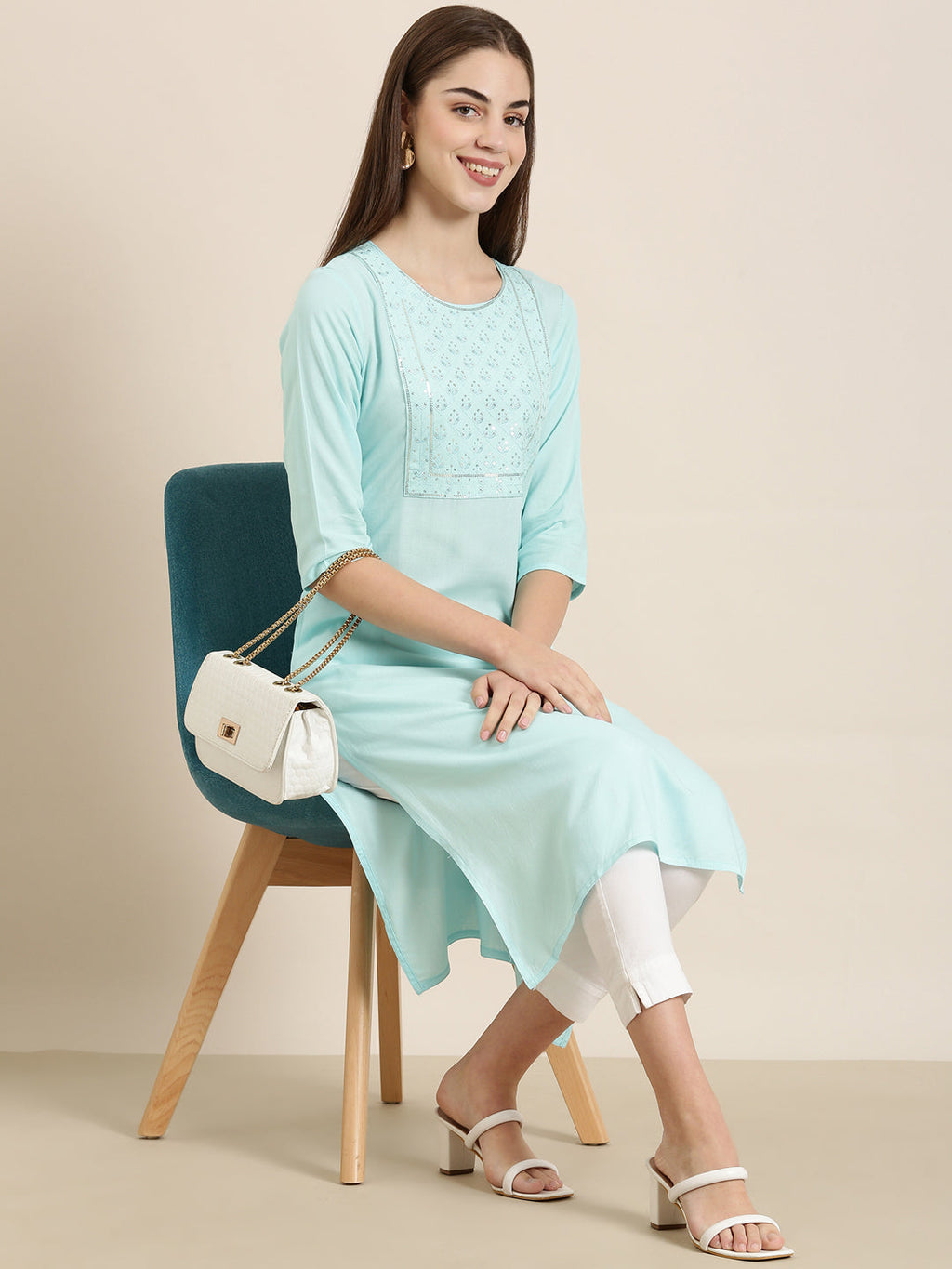 Women's Blue Ethnic Motifs Embellished Kurta