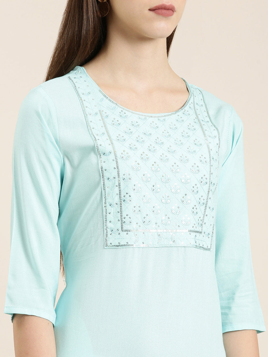 Women's Blue Ethnic Motifs Embellished Kurta