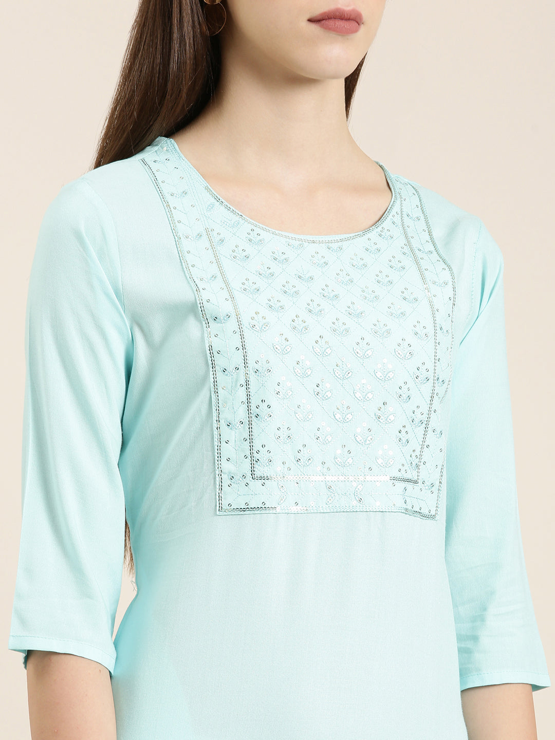Women's Blue Ethnic Motifs Embellished Kurta