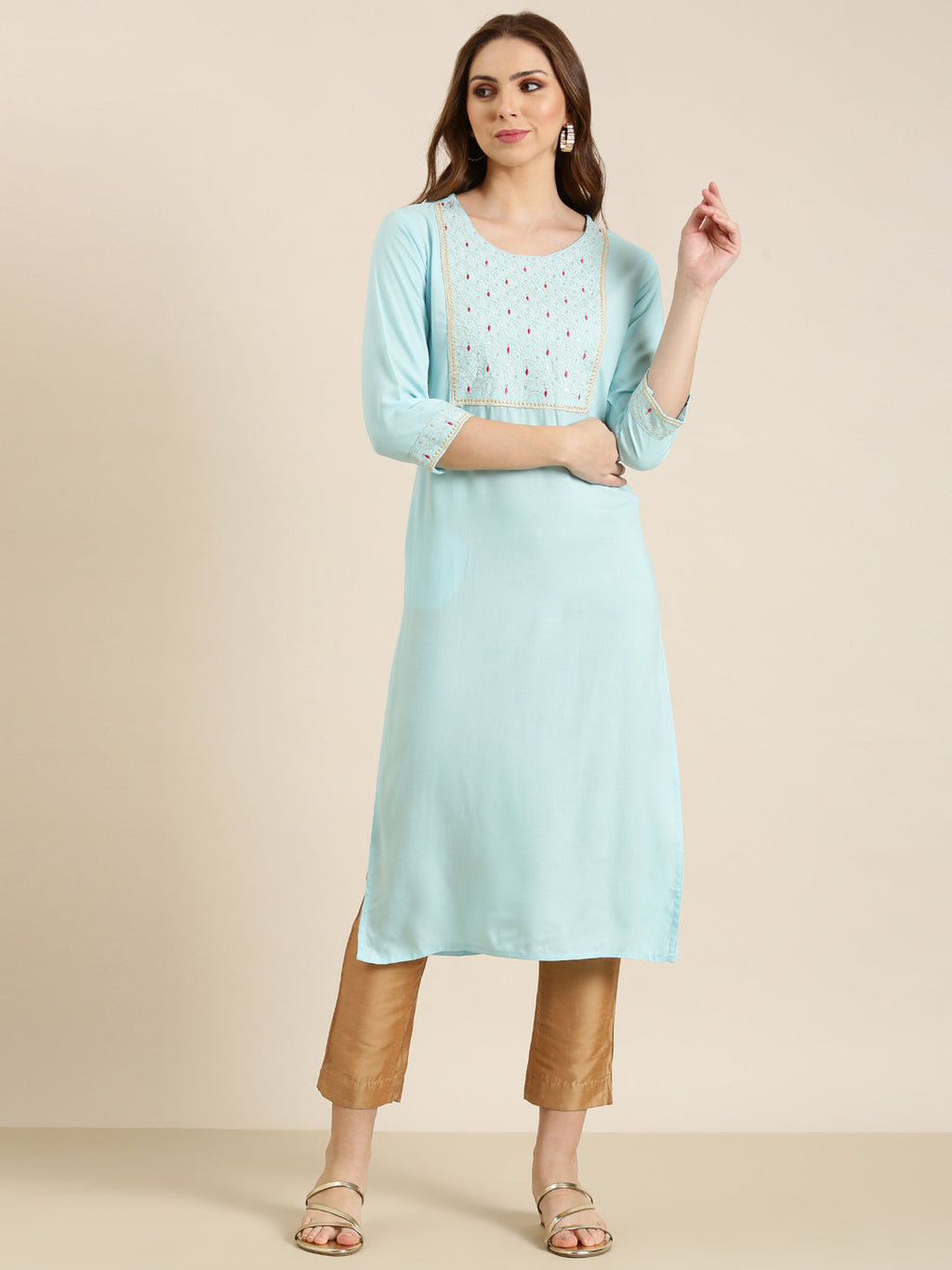 Women's Blue Ethnic Motifs Thread Work Sequined Pastels Cotton Straight Kurta