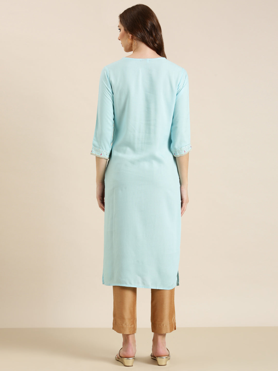 Women's Blue Ethnic Motifs Thread Work Sequined Pastels Cotton Straight Kurta