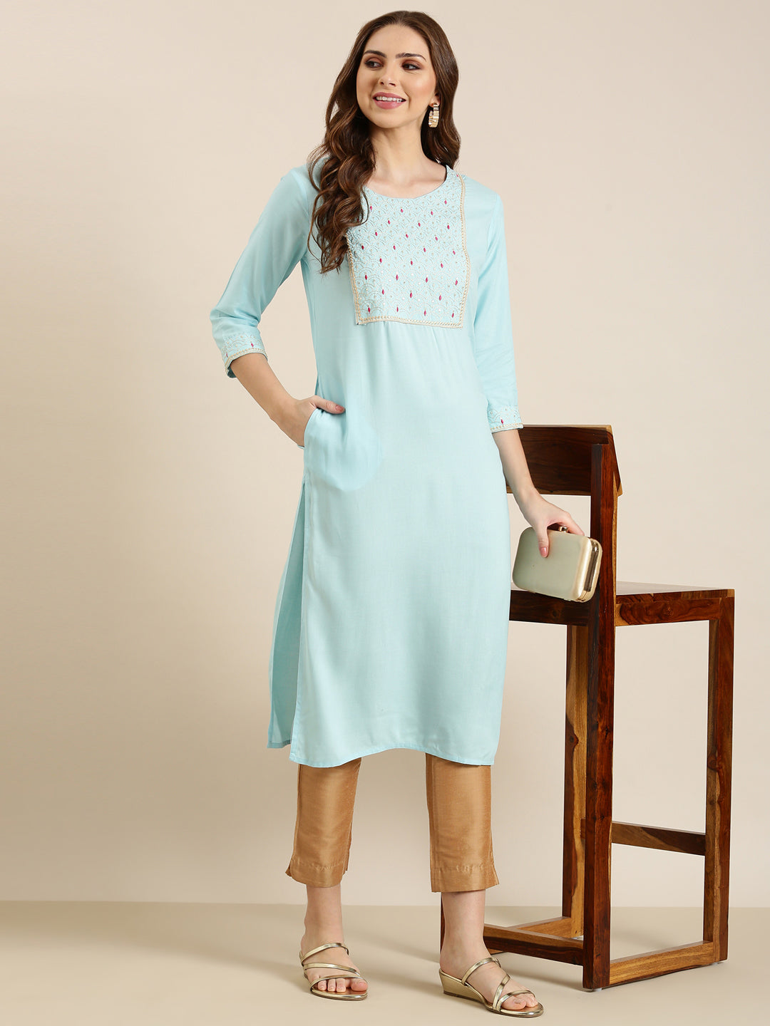 Women's Blue Ethnic Motifs Thread Work Sequined Pastels Cotton Straight Kurta