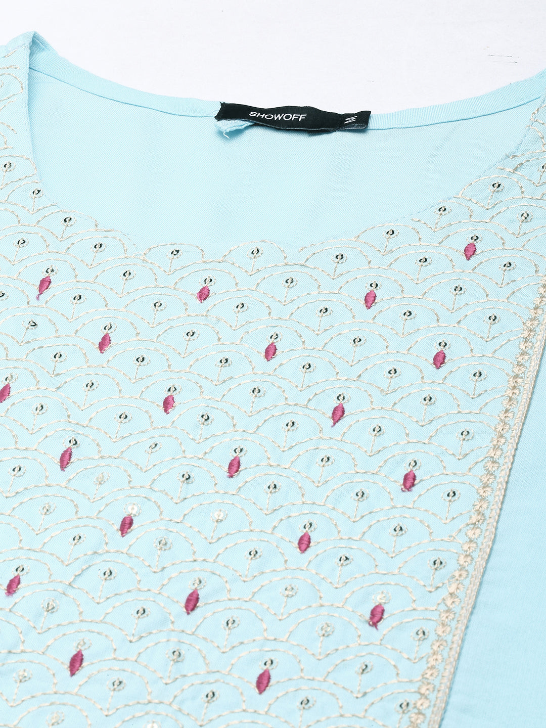 Women's Blue Ethnic Motifs Thread Work Sequined Pastels Cotton Straight Kurta