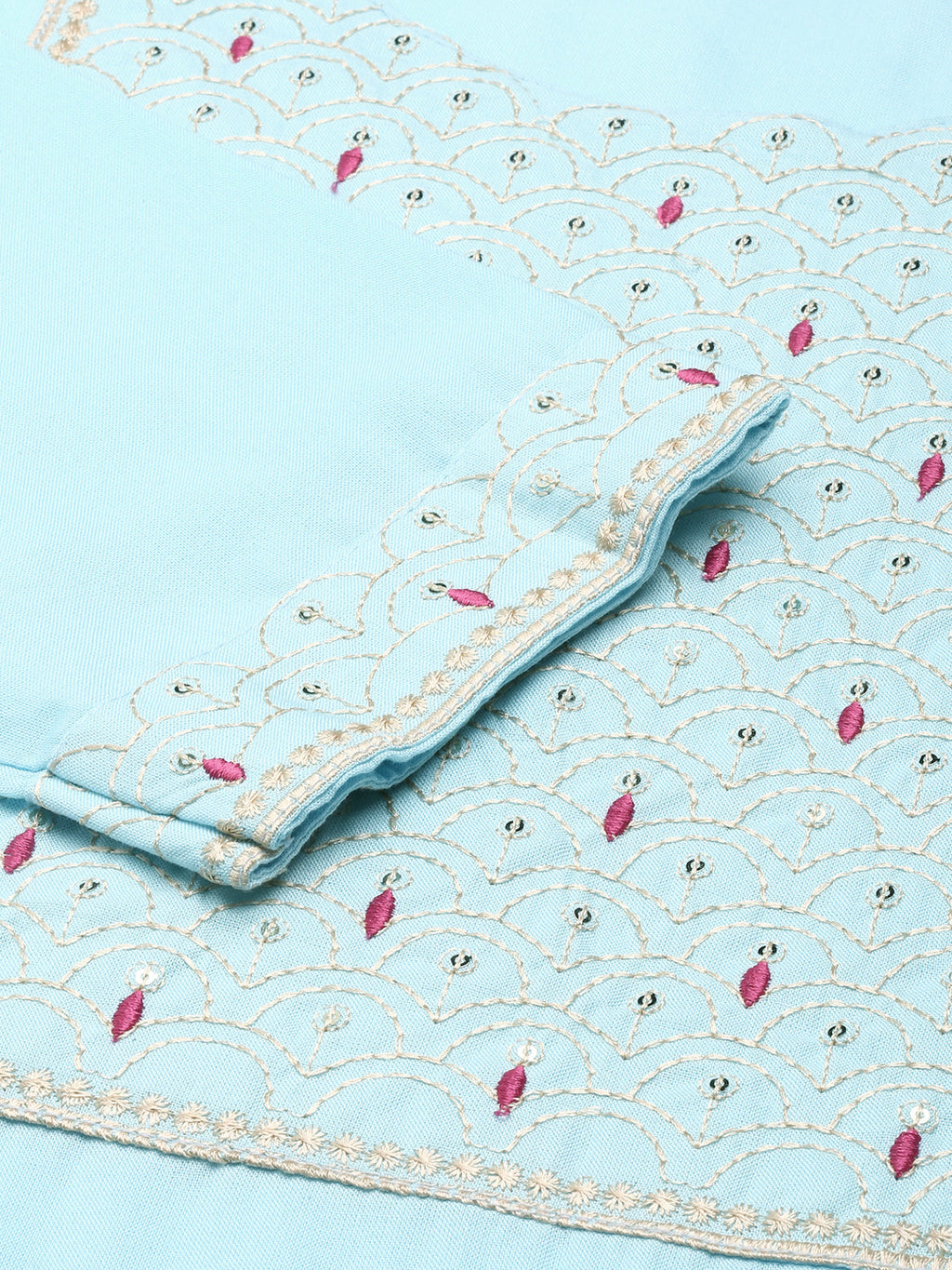 Women's Blue Ethnic Motifs Thread Work Sequined Pastels Cotton Straight Kurta