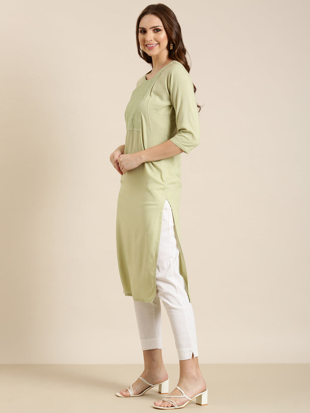 Women's Sea Green Geometric Sequinned Cotton Straight Kurta