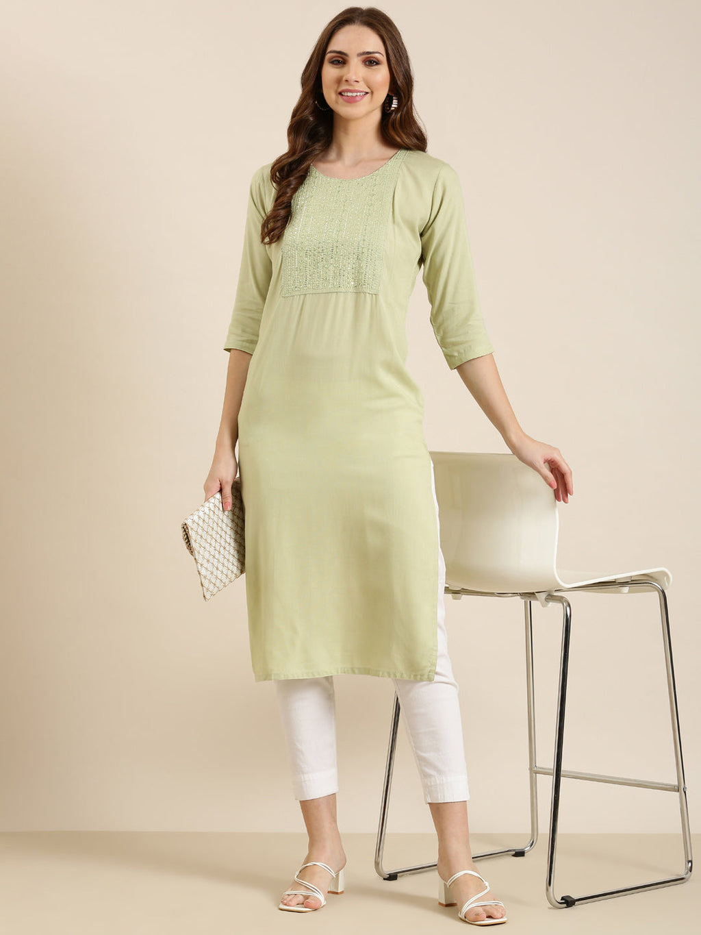 Women's Sea Green Geometric Sequinned Cotton Straight Kurta