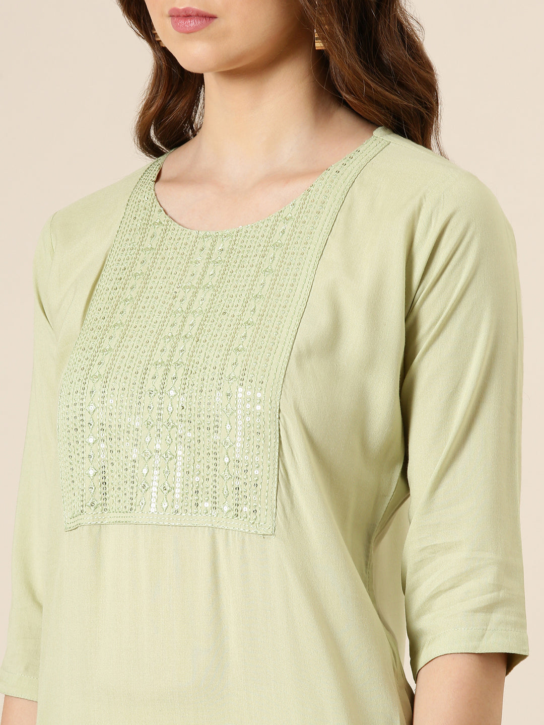 Women's Sea Green Geometric Sequinned Cotton Straight Kurta
