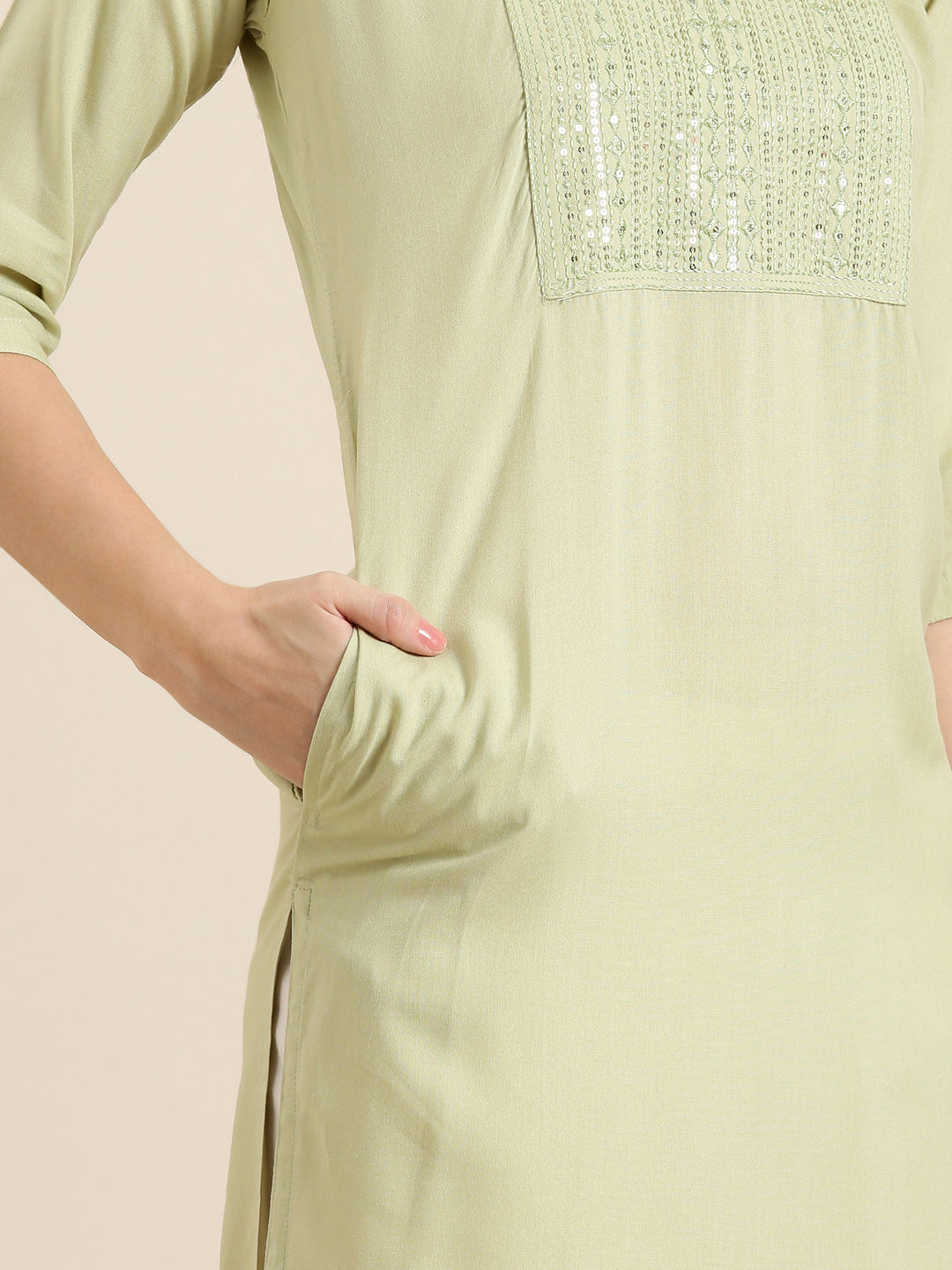 Women's Sea Green Geometric Sequinned Cotton Straight Kurta